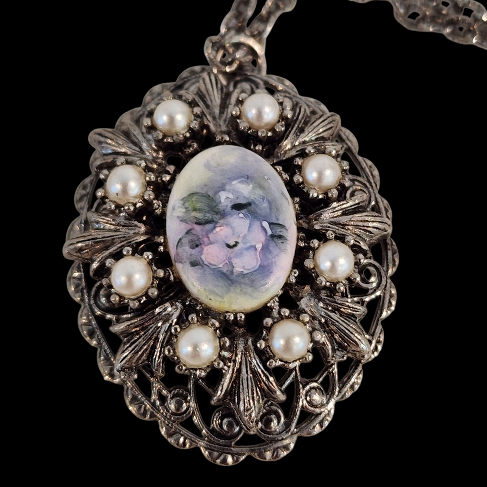 Vintage Porcelein Pendant Necklace Filigree Antique Silver Hand Painted Flowers